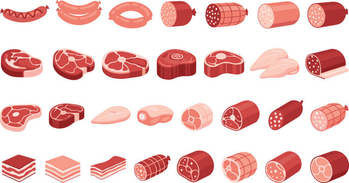 Fresh Raw Meat and Sausage Vector Icon Set Featuring Beef Steaks Chicken Bacon and Salami Products for Butcher Shop and Grocery Designs