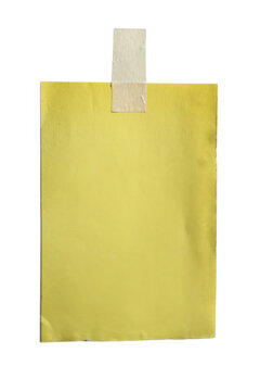 Yellow rectangular paper taped to background with masking tape note background texture mock up.