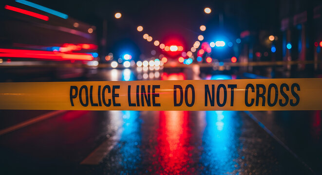Police line blocks street with flashing lights at night scene