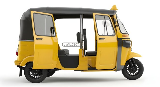 Yellow auto rickshaw tricycle with opened doors isolated on white.