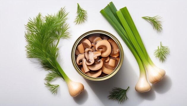 a top down view shows an open tin can filled with sliced canned mushrooms on white background with fresh green onions