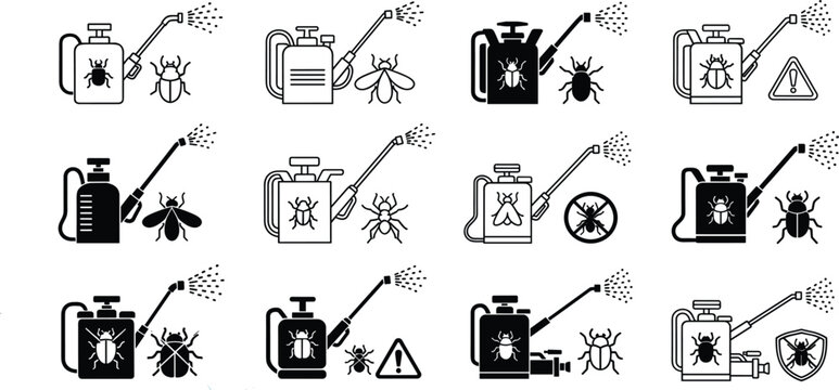 Pest Control and Insecticide Icon Set Vector Collection Featuring Sprayers, Bug Extermination Symbols, Pest Management Equipment, and Warning Signs