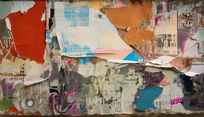 Fototapeta premium weathered torn paper collage texture with distressed layers of ripped posters weathered street wall surface grunge abstract background for creative urban design and retro artistic concepts