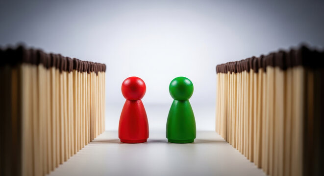Conflict and Division: Red and Green Figures Separated by Matchsticks Representing Opposition and Social Distancing
