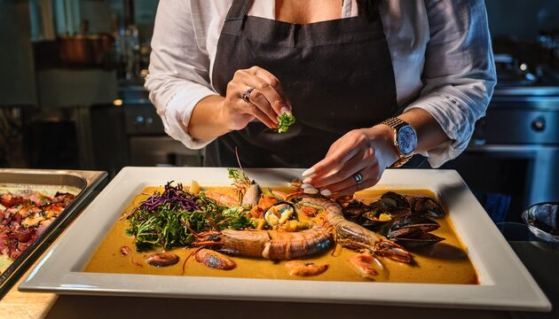culinary artist creates seafood dishes in a vibrant kitchen for an exquisite dining experience