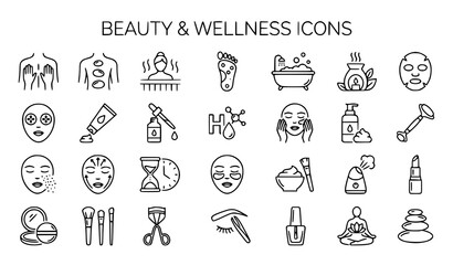 Naklejka premium Beauty Wellness and Spa Thin Outline Icons Pack Featuring Massage Sauna Serum and Skincare Elements