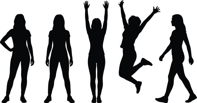Women Silhouette Poses Collection Featuring Standing, Walking and Jumping Female Figures Vector Illustration Set.
