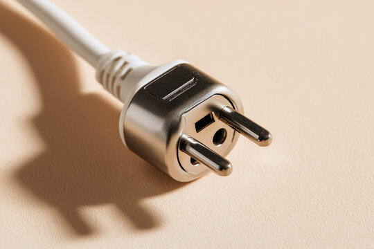 Close-up of electrical plug with three pins on beige background