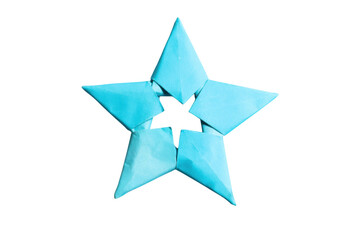 Obraz premium Blue origami star made of paper, folded into a five pointed shape with geometric folds and sharp angles on transparent background.