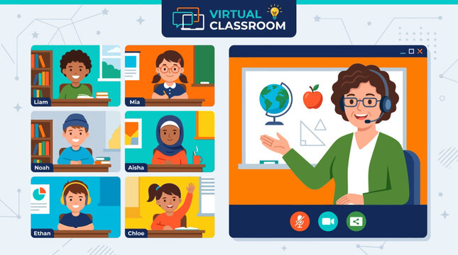 Vector illustration of a virtual classroom with a female teacher teaching diverse primary students online