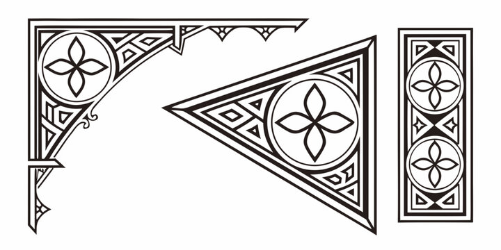 Gothic architectural corner and border ornaments set, vector