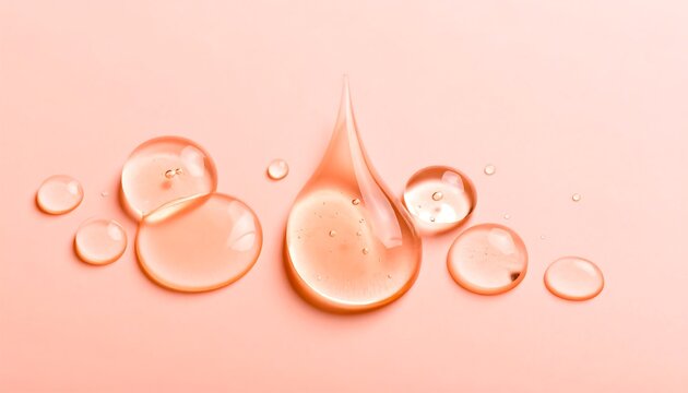 A close-up of translucent liquid droplets on a soft pink background