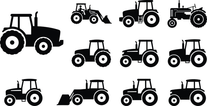 Set of farm tractor silhouettes and agricultural machinery icons isolated on a white background for farming and construction design