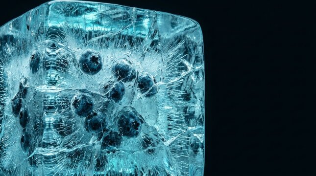 Fruit Frozen Solid Inside Clear Ice Block Against Black Background