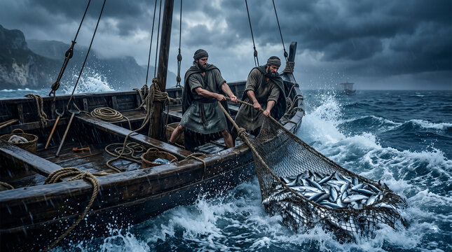 Two men pulling net full of fish from sea. Scene depicting miraculous catch by apostles. Biblical story illustration from New Testament. Ancient fisherman in boat. Christianity concept.