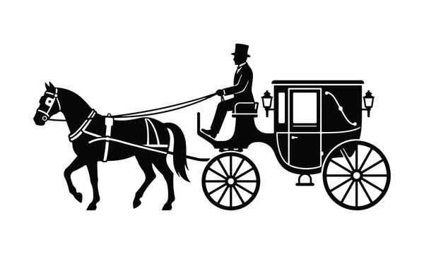 Vintage horse drawn carriage silhouette vector. Retro carriage with groom and horse. Old fashioned transport icon. Classic illustration for event.