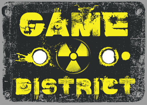 Vector lettering "Game district" in an urban grunge font featuring human eyes, nuclear denger sign and bullet holes. Street art. Suitable for posters, album covers, Gaming Club Banner, Dark Gamer Room