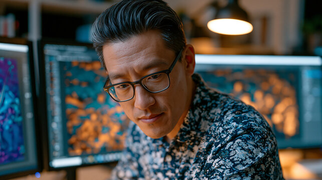 Digital colorization artist peers at dual-monitor workstation where a sepia-toned nineteenth-century immigrant family portrait from a national archive appears in photorealistic natural tones for the