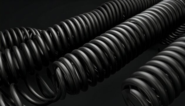 A close-up of two black coiled tubes on a dark background
