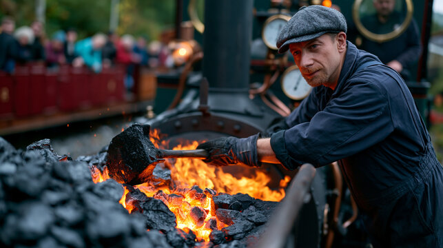 Heritage railway fireman shovels coal into the firebox of a fully operational narrow-gauge steam engine as the locomotive driver monitors pressure gauges from the footplate cabin while enthusiast pa