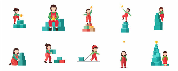 Fototapeta premium Little Girl Character Set Reaching for the Stars and Achieving Goals Vector Illustration