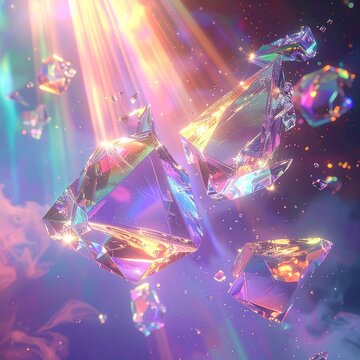 Irisierende lichtbrechende Glasscherben, holografisches Farbspektrum, &auml;therische Atmosph&auml;re, generative KI