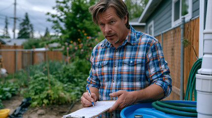 Fototapeta premium Property owner collecting rainwater barrel overflow data after storm, clipboard in hand, barrel connected to downspout diverter with soaker hose rolled beside it, vegetable garden visible in backgro