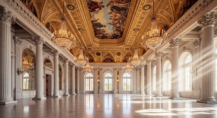 Obraz premium Grand Ballroom Opulence: Ornate Hall with Classical Architecture and Sunlight