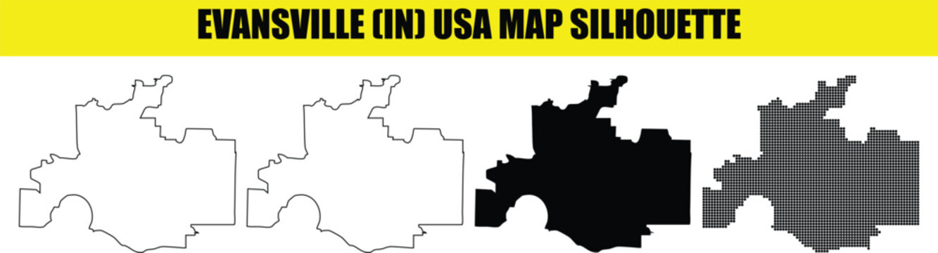 Evansville indiana city map collection with multiple silhouette styles including solid black and dotted options.