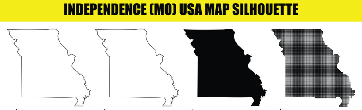 Independence missouri city map set with different silhouette styles including solid fill and creative dot grids.