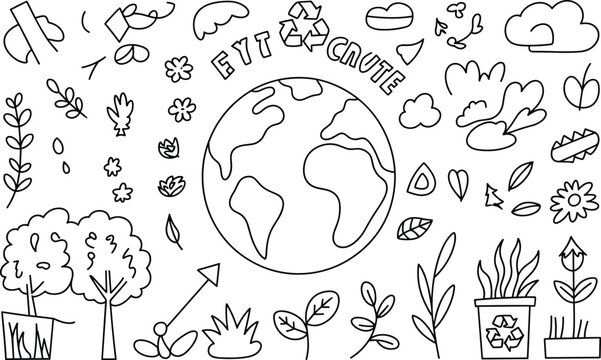 Earth day and ecology doodle set with globe, plants, trees, and recycling symbols in black and white line on a white background