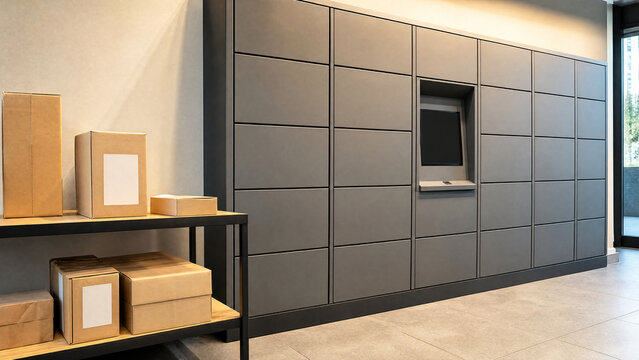 Parcel locker pickup wall with blank package labels