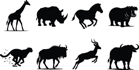 African safari animal silhouettes set featuring giraffe rhinoceros zebra hippopotamus cheetah wildebeest antelope and buffalo vector illustration © Sobuz