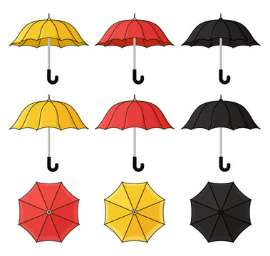 Umbrella sign, front view, top view. Black, red,  yellow umbrella in simple cartoon style. Vector illustration.