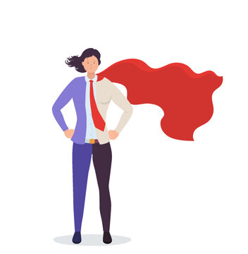 Superhero business woman, successful, confident woman in red cape. Concept leadership, career growth.