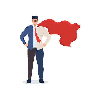 Superhero businessman, successful, confident man in red cape. Concept leadership, career growth.