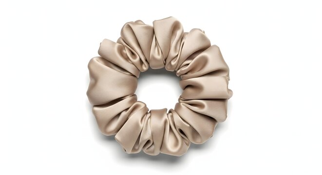 Champagne colored silk scrunchie on white background.