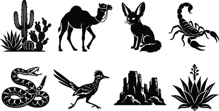 Desert wildlife animals and plants vector icons set featuring camel fennec fox scorpion rattlesnake roadrunner and cactus silhouettes