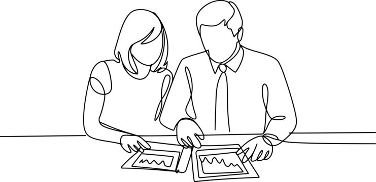 A man and woman in a continuous line style looking at charts on tablets at a table, representing data analysis and