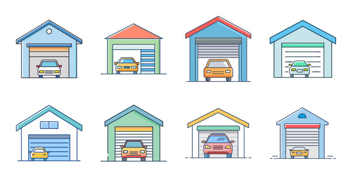 Set of colorful tiny house icons with cars - Bright and cheerful vector icons of small houses with cars parked outside, ideal for real estate, travel, or lifestyle projects.