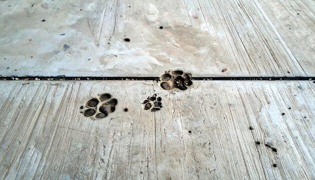 A close-up of two paw prints on a weathered wooden surface, possibly a deck or floor