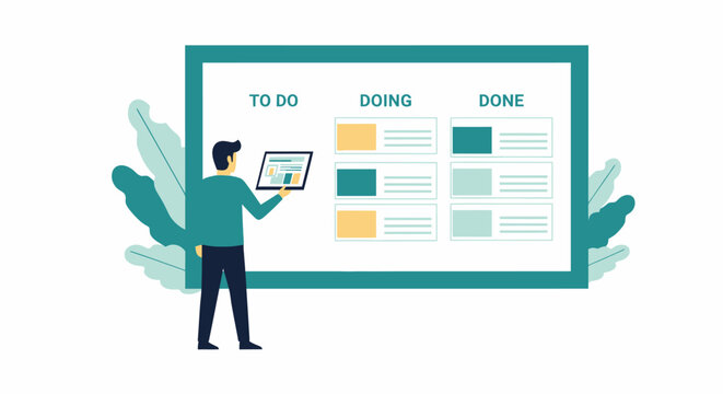 Agile Project Management Illustration: Professional Organizing Workflow Tasks on a Digital Kanban Board with To Do, Doing, and Done Columns