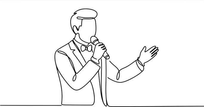 A single continuous line a man in a tuxedo holding a microphone and gesturing with his open hand towards the right