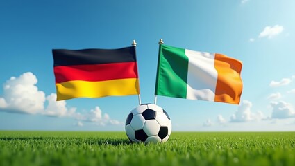 Fototapeta premium German and Irish flags displayed on poles beside a soccer ball on a green grass field under a clear blue sky with a few clouds in the background