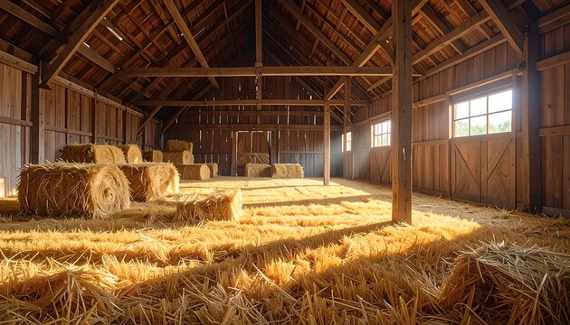 Interior view of a wooden agricultural building filled with hay bales and scattered straw. Natural light streams in
