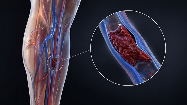 Deep Vein Thrombosis with Blood Clot Formation in Leg Vein and Venous Circulation Disorder, Medical Illustration