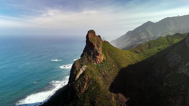 Drone circling Roque de las Animas rock formation, Taganana, Anaga, Tenerife