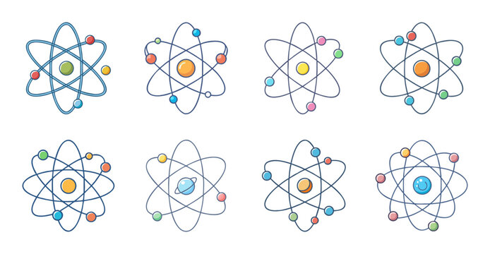 Colorful atomic particles and elements set - Bright vector illustration of atomic structures with protons, neutrons, and electrons in various colors, ideal for science and education.