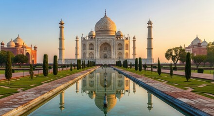 Fototapeta premium Reflection of taj mahal in serene water body at sunset