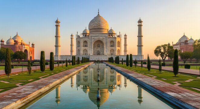 Reflection of taj mahal in serene water body at sunset
